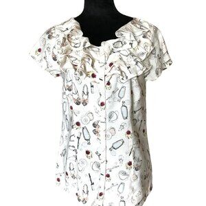 Van Heusen Studio Ruffled Blouse: Vintage Top Women’s Shoe & Coffee Print Size M